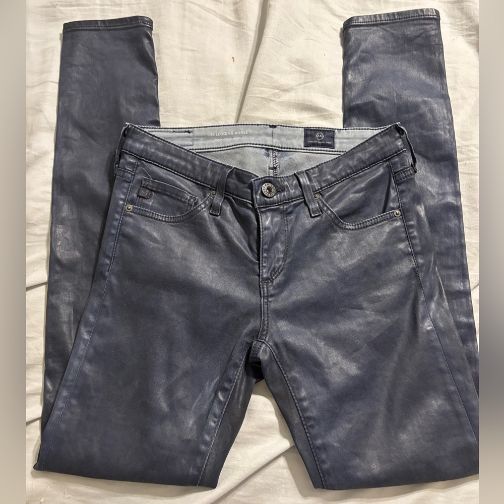 AG Adriano Goldschmied Navy Faux Leather Super Skinny Ankle Legging Jeans